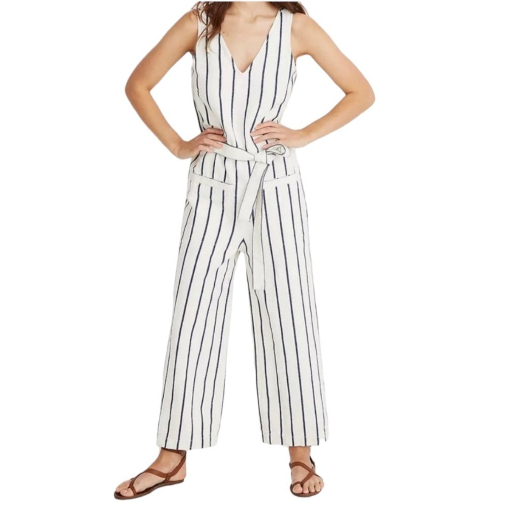 Madewell Jumpsuit Womens Medium Beige Blue Striped Sleeveless V-Neck Tie Waist